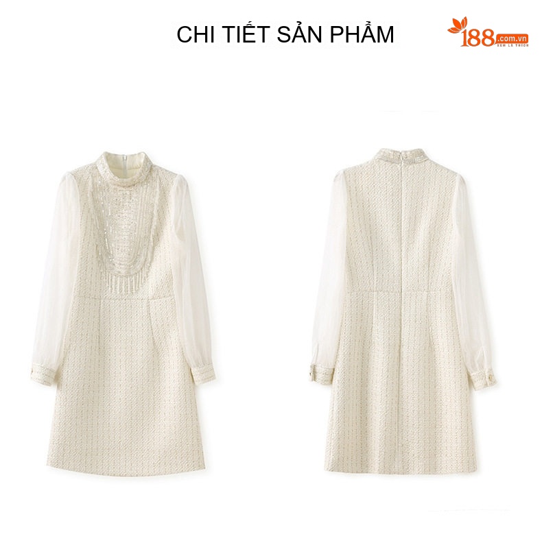 Váy Tiểu Thư Nữ Vải Tweed Lưới Thêu Đính Hạt Thủ Công Phong Cách Quý Phái Màu Trắng chi tiết 15