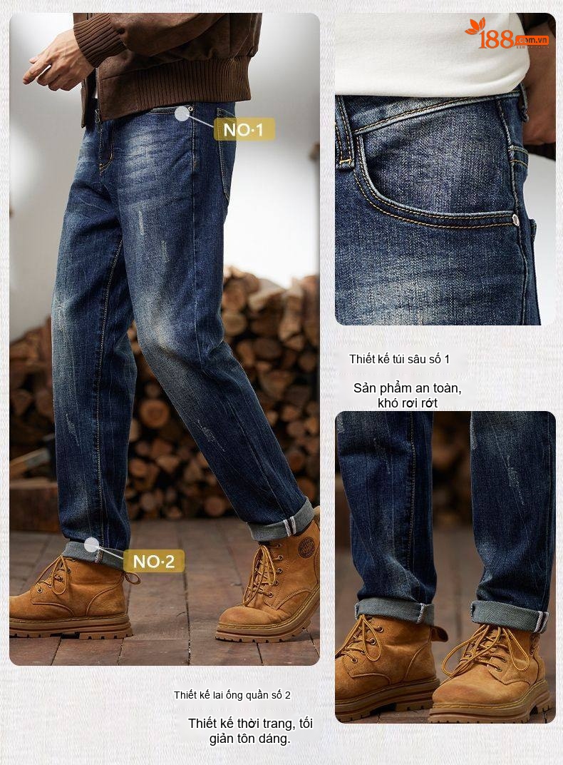 Quần Jean Nam Cotton Dáng Ôm Vừa Vặn Màu Xanh Denim chi tiết 5