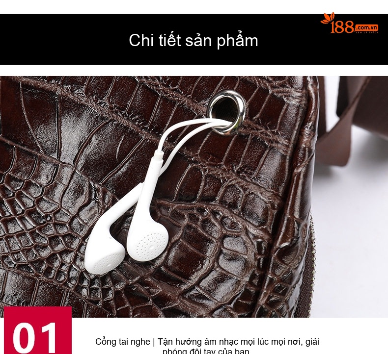 Túi Đeo Ngực Nam Da Bò Vân Cá Sấu Thời Trang Đeo Chéo Vai Màu Đen, Nâu chi tiết 21