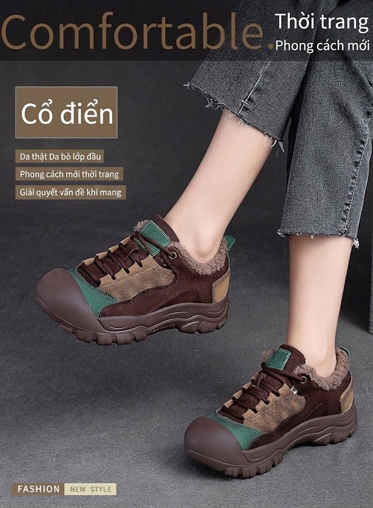 Giày Cotton Nữ Cổ Thấp Lót Lông Chiều Cao Đế Khoảng 3cm Màu Nâu, Vàng, Xanh Lá chi tiết 1