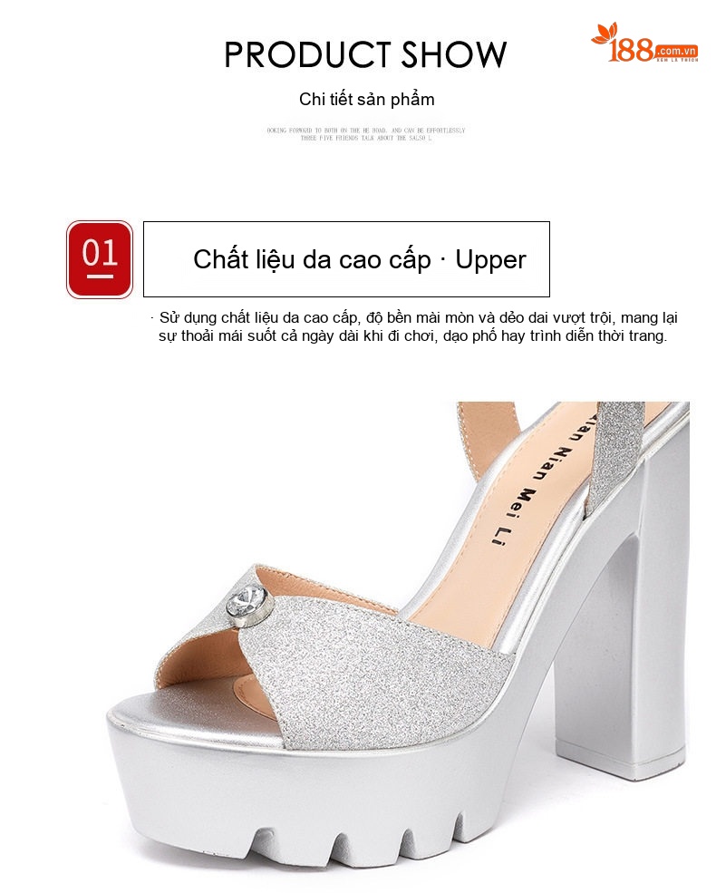 Giày Sandal Cao Gót Nữ Quai Ngang Hở Ngón Gót Cao 13cm Màu Bạc, Vàng, Đen chi tiết 4