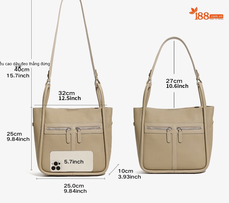 Túi Đeo Vai Nữ Da Bò Thật Dáng Horseshoe Công Sở, Túi Tote, Túi Bucket Màu Nâu chi tiết 6