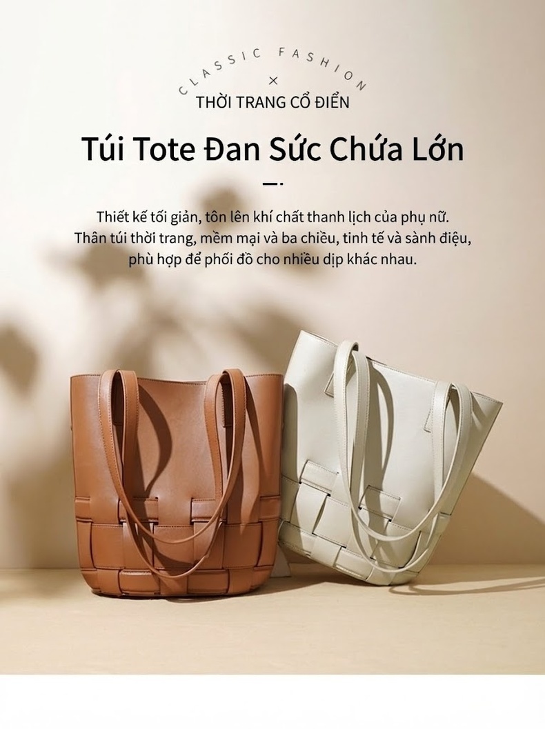 Túi Tote Nữ Da Thật Đan Dây Sức Chứa Lớn Phong Cách Thời Trang Màu Trắng, Đen, Xanh Lá chi tiết 1