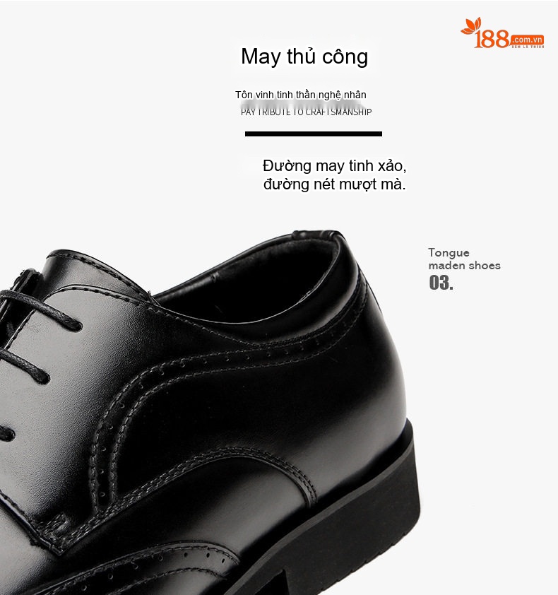 Giày Tây Buộc Dây Nam Da Bóng Brogue Chiều Cao Đế Khoảng 3cm Màu Đen, Nâu chi tiết 6