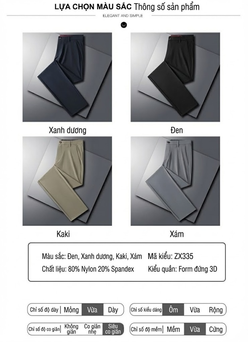Quần Tây Nam Dáng Ôm Vừa Vặn Mỏng Nhẹ Màu Đen, Xanh Navy, Kem, Xám chi tiết 1