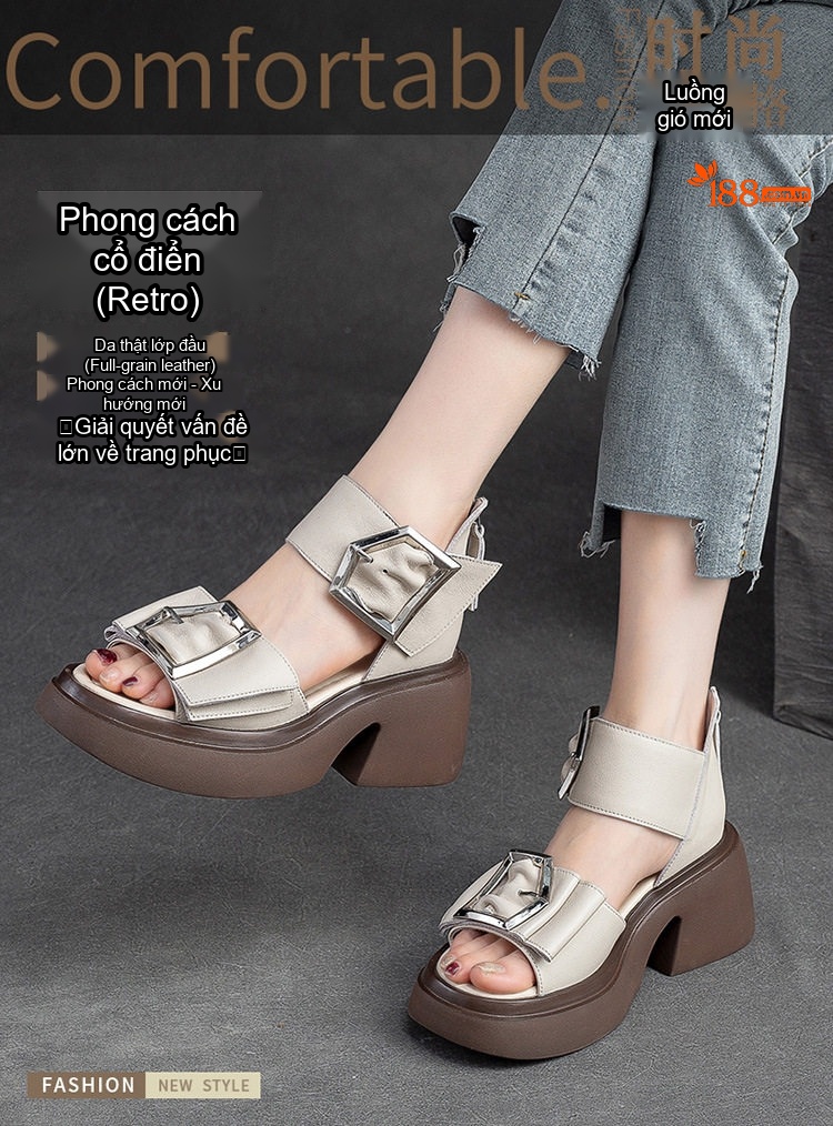Giày Sandal Cao Gót Nữ Đầu Cá Da Bò Khóa Lớn Gót Cao 8cm Màu Nâu, Trắng, Đen chi tiết 1