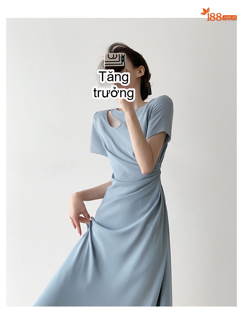 Váy liền thân Nữ Tay Ngắn Dáng Suông Chiết Eo Màu Xám chi tiết 4