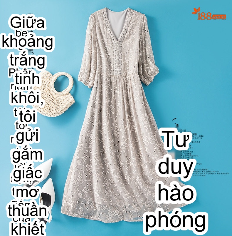 Váy Dài Thêu Hoa Lụa Tơ Tằm dáng chữ A Cổ chữ V Phong Cách Pháp Màu Xám chi tiết 1