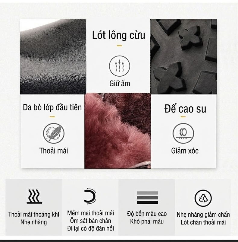 Giày Boot Martin Nam Da Thật Lót Lông Cừu Dày Dặn Chiều Cao Đế Khoảng 4cm Màu Đen chi tiết 12