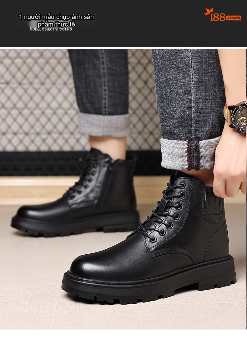 Giày Boot Martin Nam Da Thật Lót Lông Cừu Dày Dặn Chiều Cao Đế Khoảng 4cm Màu Đen chi tiết 13