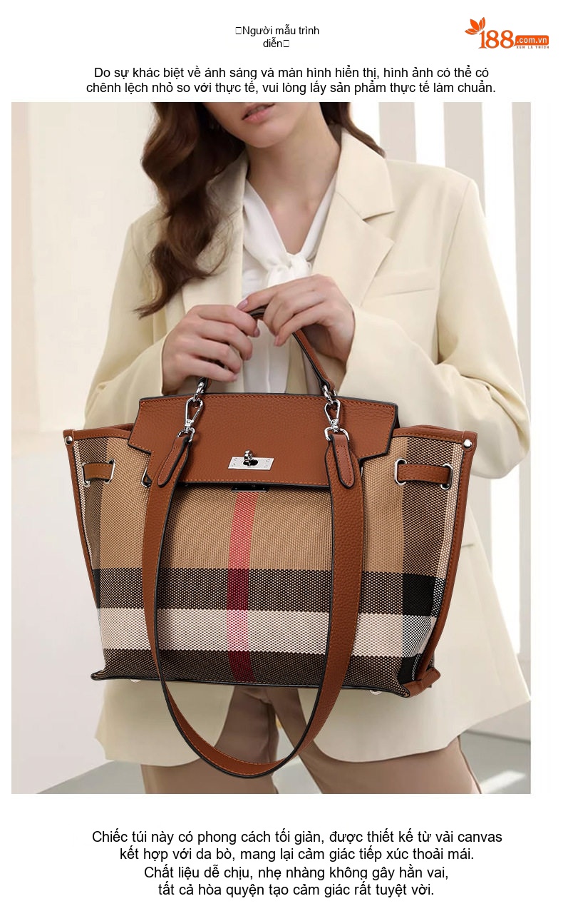 Túi Tote Nữ Vải Canvas Phối Da Bò Họa Tiết Kẻ Sọc Lớn Đựng Vừa A4 Màu Nâu chi tiết 1