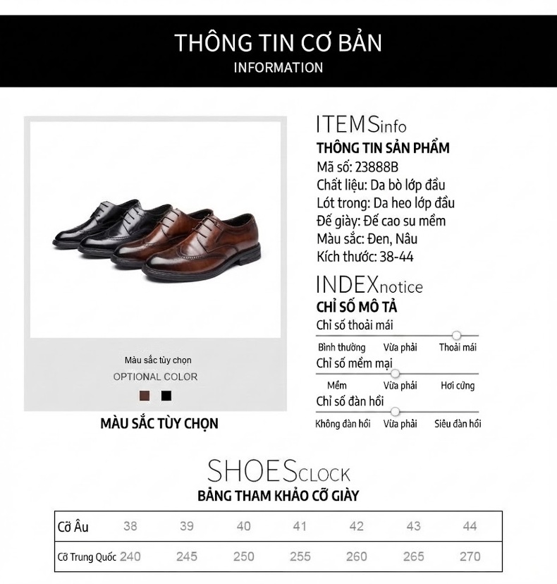 Giày Tây Brogue Nam Da Bóng Chiều Cao Đế Khoảng 3cm Màu Đen, Nâu chi tiết 9