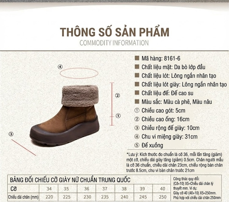 Boot Nữ Cổ Lông Giữ Ấm Lót Lông Chiều Cao Đế Khoảng 5cm Màu Nâu chi tiết 2