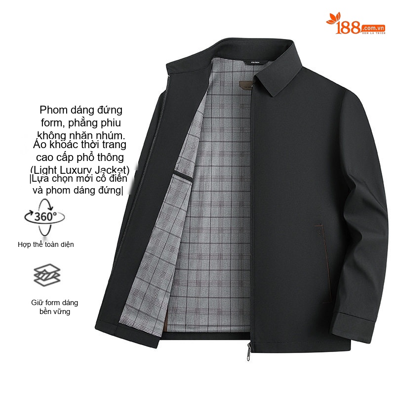Áo Khoác Nam Cổ Bẻ Khóa Kéo Kiểu Dáng Công Sở Màu Xanh Navy, Nâu, Đen
