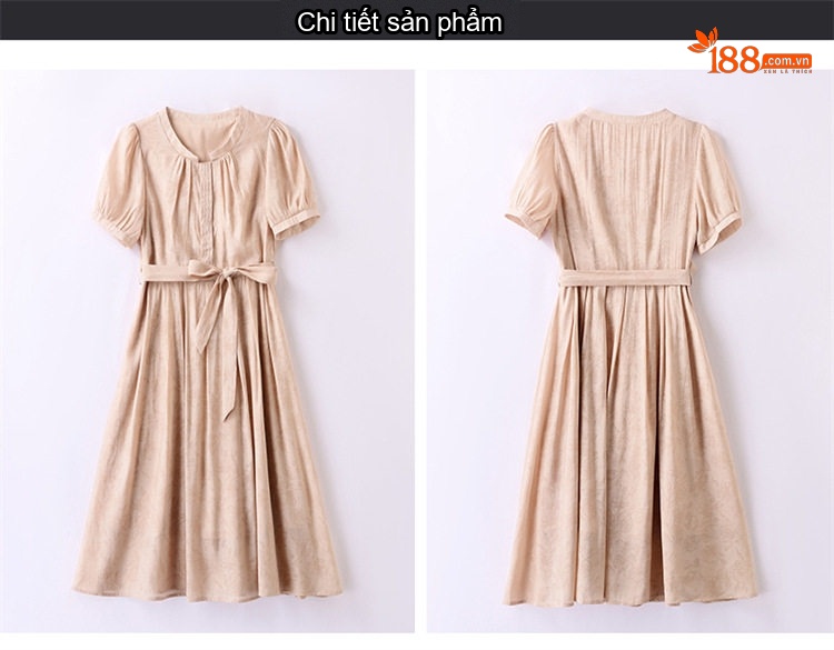 Váy liền thân Nữ Dáng Dài Cổ Điển Thắt Eo Tay Ngắn Họa Tiết Màu Xanh, Nâu chi tiết 25
