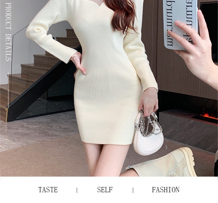 Váy Ôm Body Dệt Kim Tay Dài Chiết Eo Màu Kem, Đỏ, Đen chi tiết 2