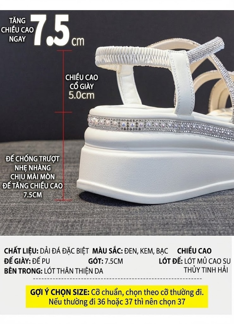 Dép Sandal Nữ Quai Ngang Đính Đá Đế Cao 4cm - 5cm Màu Trắng, Đen, Bạc chi tiết 5