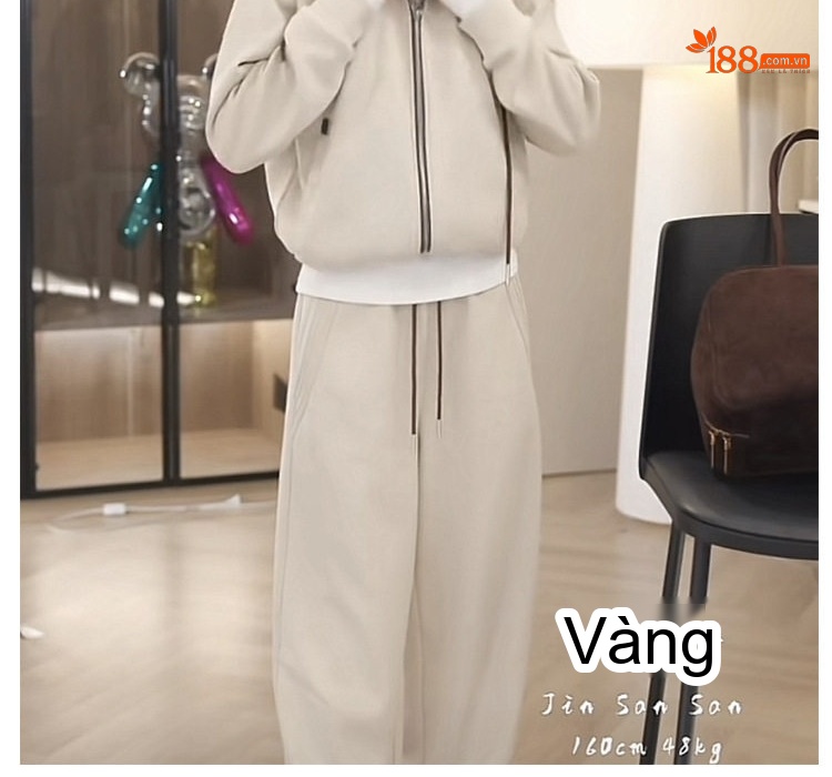Bộ Đồ Thể Thao Nữ Áo Khoác Có Mũ Quần Ống Rộng Phong Cách Casual Màu Be chi tiết 10
