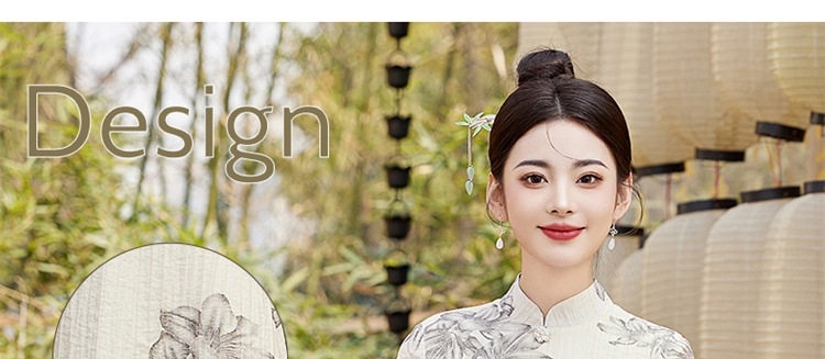 Váy A Dáng Xòe Nữ Cổ Tàu Họa Tiết Hoa Nhí Chiết Eo Phong Cách Tân Cổ Điển Màu Kem chi tiết 2