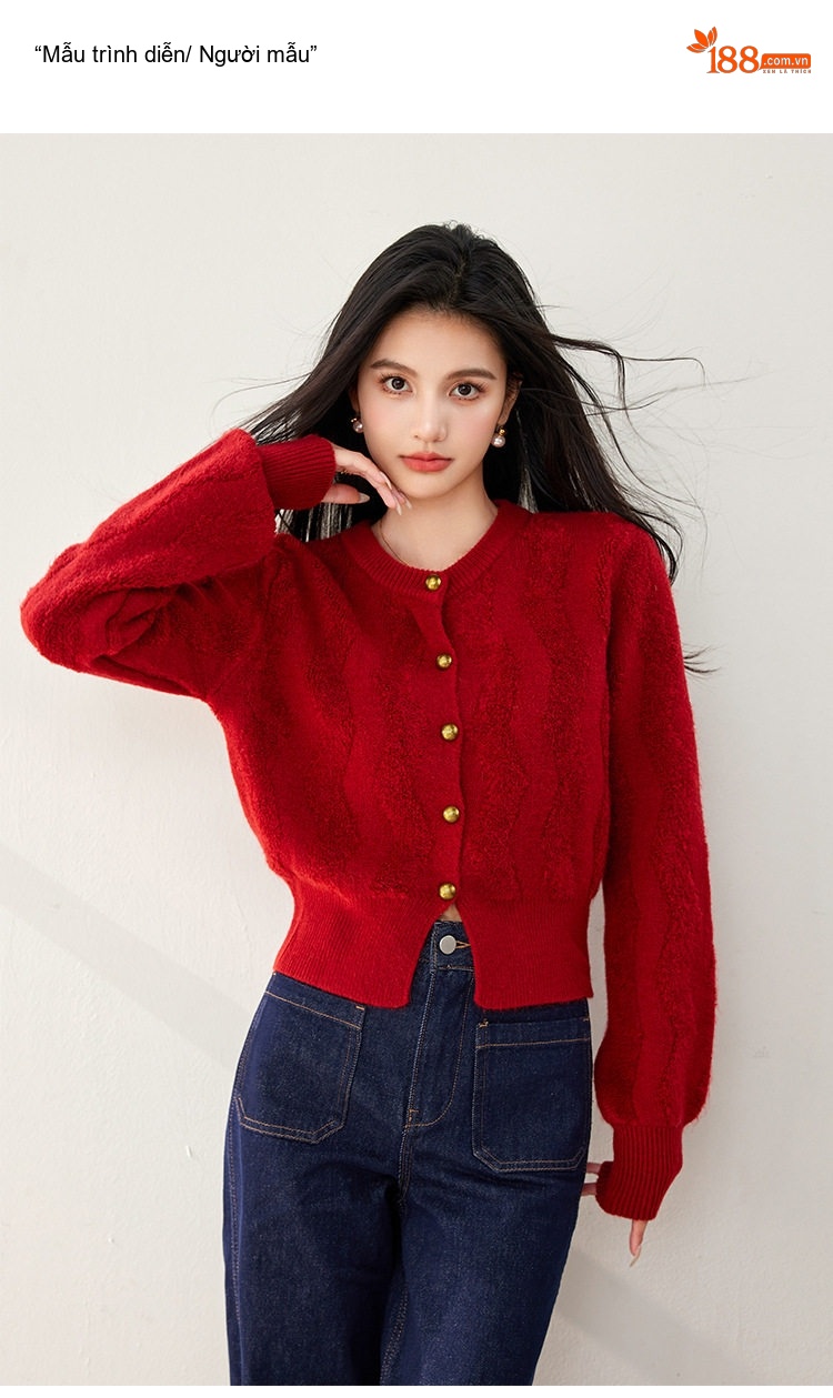 Áo Khoác Cardigan Nữ Dệt Kim Tay Dài Dáng Rộng Phong Cách Retro Màu Đỏ chi tiết 6