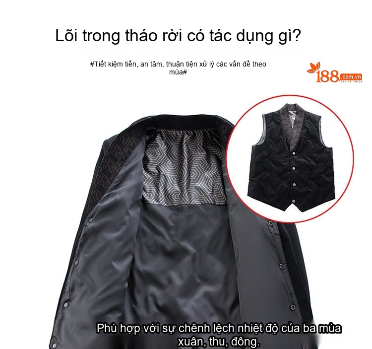 Áo Khoác Dạ Nam Hai Mặt Lót Lông Vũ Tháo Rời Phong Cách Trung Niên Màu Đen, Nâu chi tiết 7