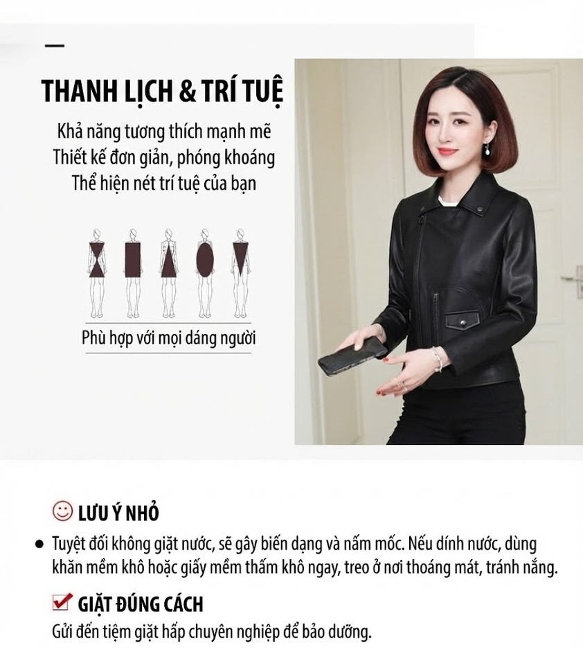 Áo Khoác Da Cừu Nữ Dáng Ngắn Ôm Dáng Cổ Bẻ Màu Nâu, Đen chi tiết 2