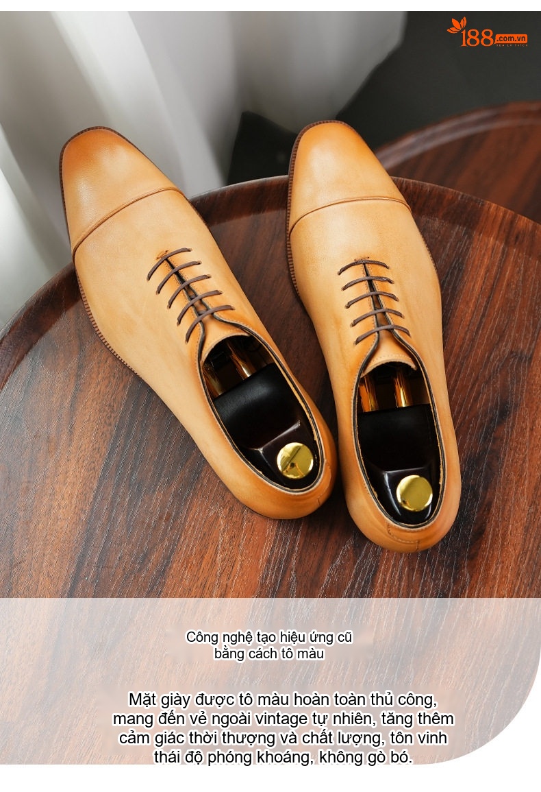 Giày Tây Oxford Nam Da Bò Thật Chiều Cao Đế Khoảng 3cm Màu Nâu Vàng, Đen chi tiết 3