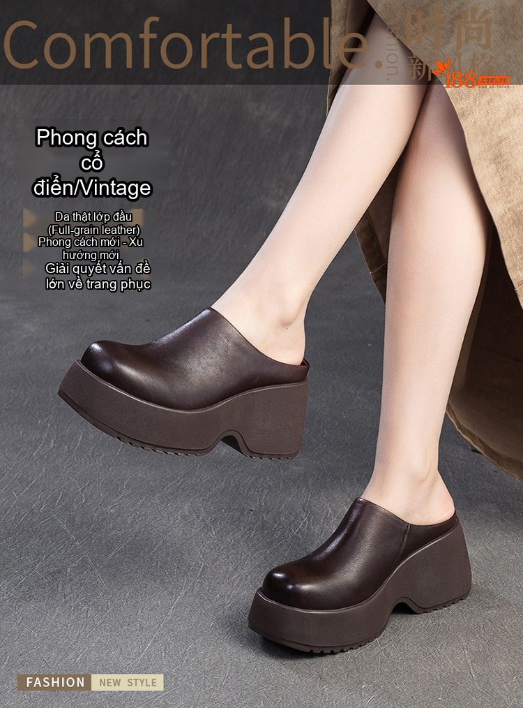 Dép Sục Nữ Da Bóng Đế Dày Chiều Cao Đế Khoảng 6cm Màu Đen, Nâu chi tiết 1