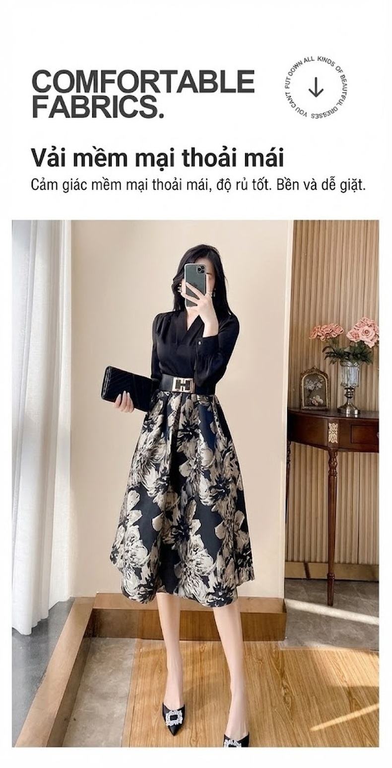 Váy liền thân Nữ Thiết Kế Giả Hai Lớp Tay Dài Họa Tiết Hoa Nhí Eo Thun Dáng Chữ A Màu Đen, Trắng chi tiết 4