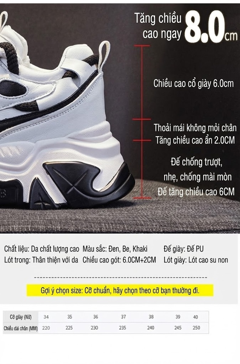 Giày Thể Thao Nữ Đế Xuồng Chiều Cao Đế Khoảng 5cm Phong Cách Ulzzang Màu Trắng, Đen, Kem... chi tiết 9