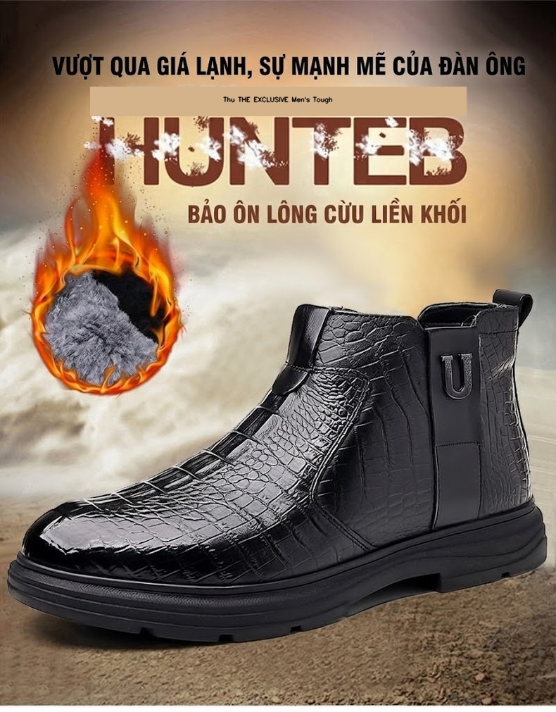 Boot Nam Da Thật Vân Cá Sấu Lót Lông Chiều Cao Đế Khoảng 3cm Màu Đen chi tiết 1