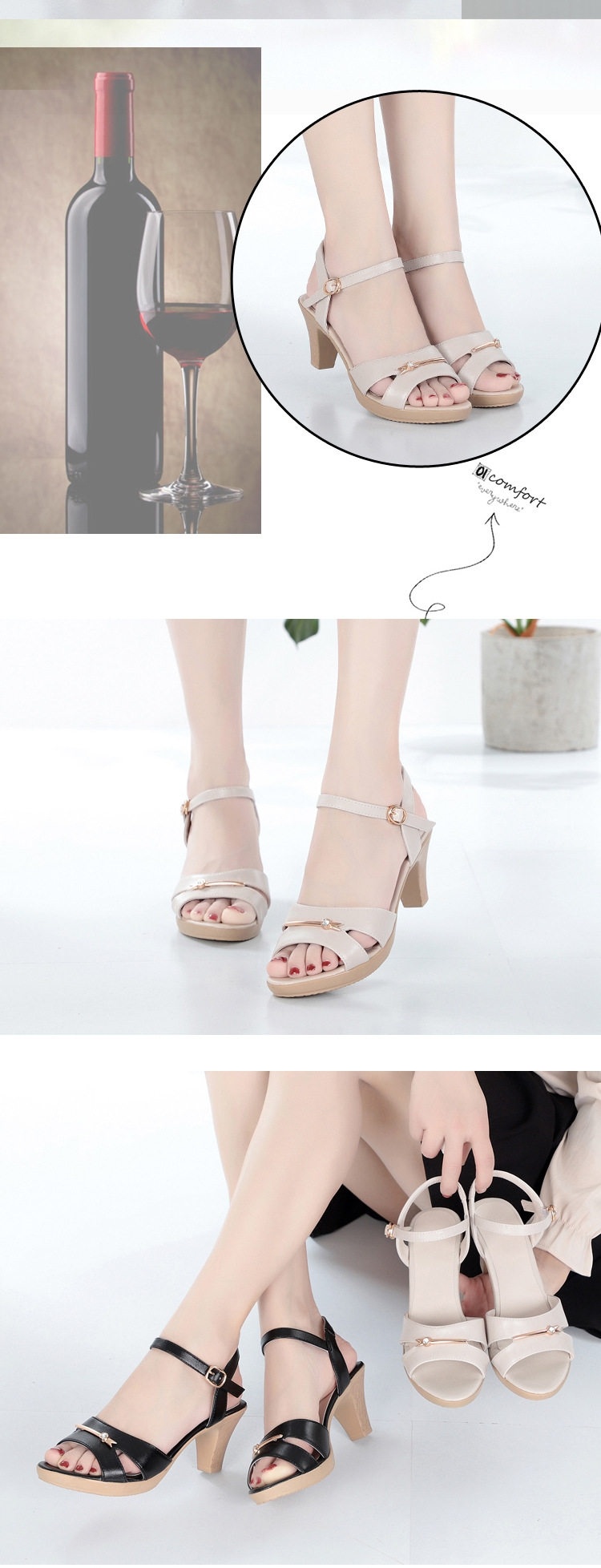 Giày Sandal Cao Gót Nữ Quai Ngang Gót Vuông Da Mờ Gót Cao 7cm - 8cm Màu Kem, Đen chi tiết 13