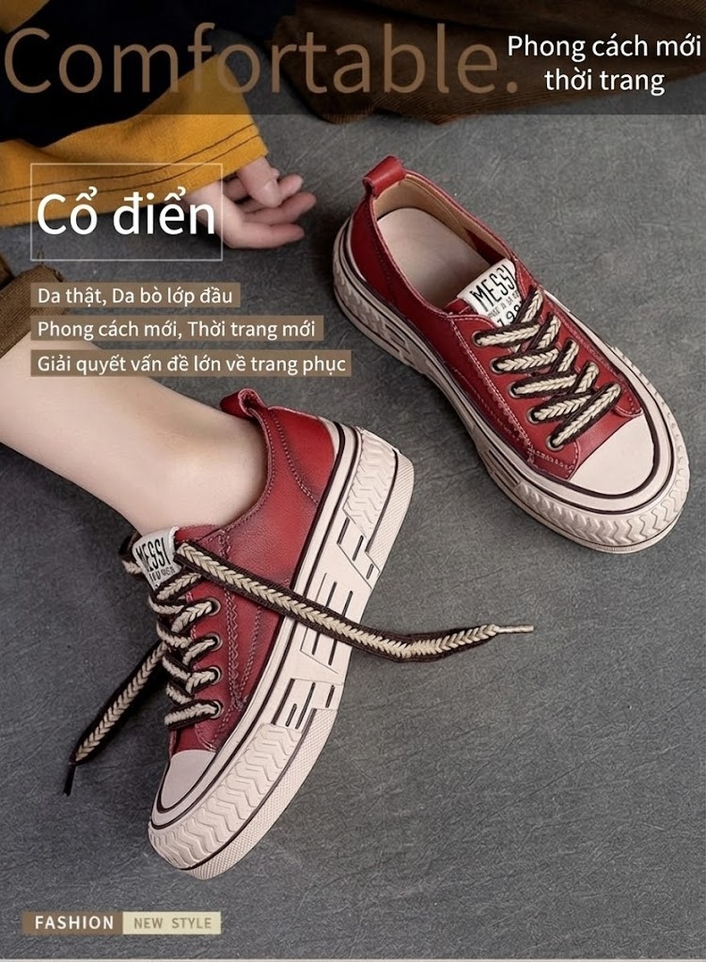 Giày Sneaker Nữ Cổ Thấp Da Bò Buộc Dây Chiều Cao Đế Khoảng 3cm Màu Đỏ, Xanh Lá, Kem... chi tiết 1
