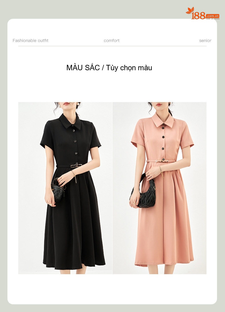 Váy Polo Nữ Tay Ngắn Dáng Xòe Thắt Eo Phong Cách Tiểu Thư Màu Hồng, Đen chi tiết 5