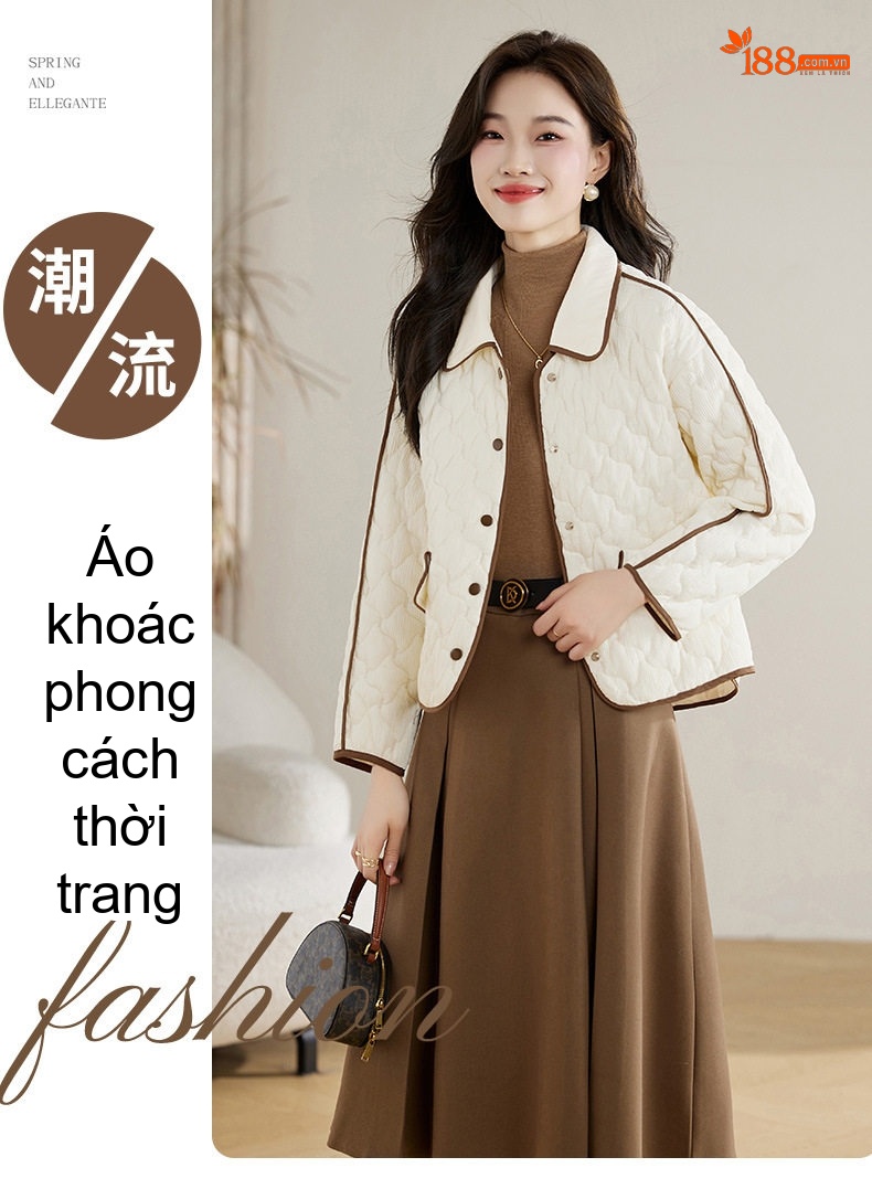 Áo Khoác Bông Trám Viền Nữ Dáng Ngắn Nhẹ Cổ Bẻ Màu Xanh Olive, Trắng, Đen chi tiết 3