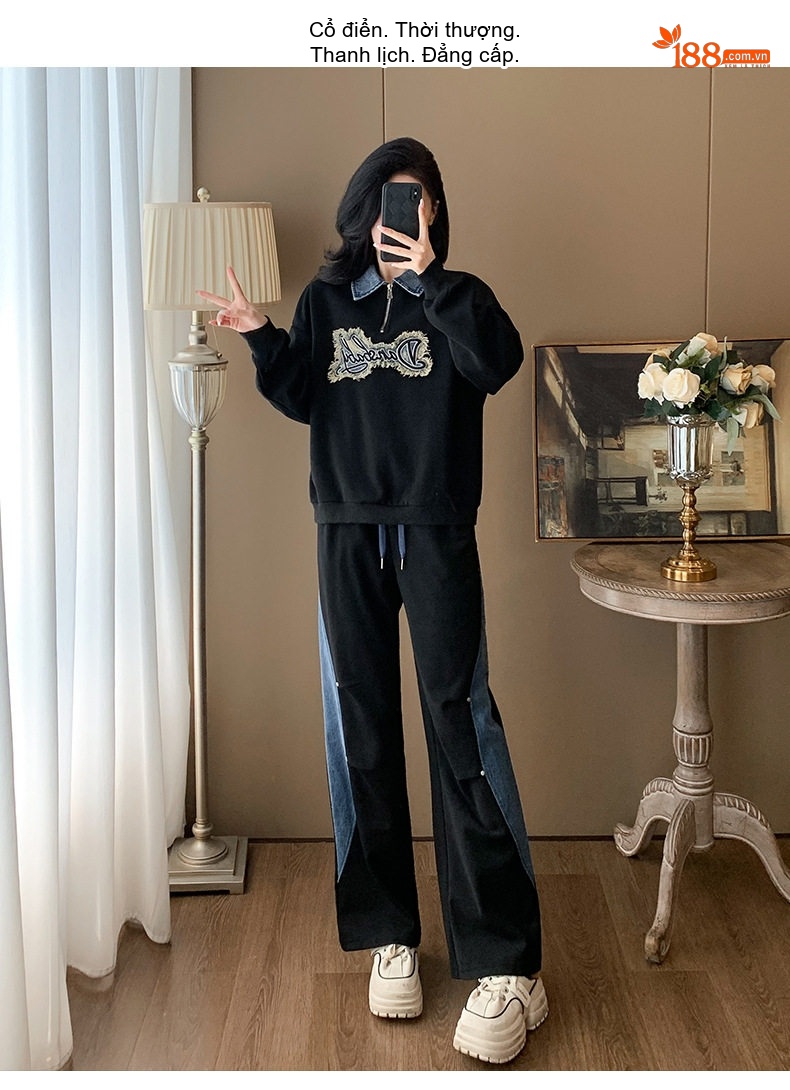 Bộ Đồ Nữ Áo Hoodie Tay Dài Quần Ống Rộng Phong Cách Casual Màu Đen chi tiết 19