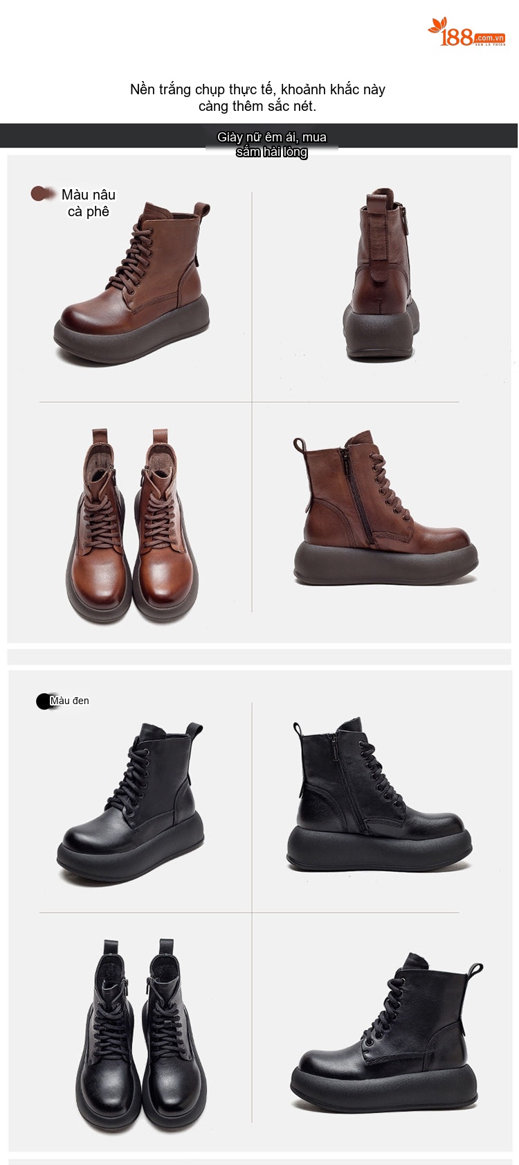 Boot Nữ Cổ Cao Da Bò Đế Dày Chiều Cao Đế Khoảng 5cm Phong Cách Retro Màu Đen, Nâu chi tiết 14