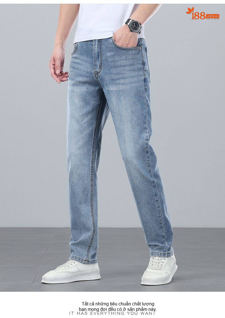 Quần Jean Nam Ống Suông Dáng Rộng Cotton Co Giãn Màu Xanh Nhạt, Xanh Đậm chi tiết 17