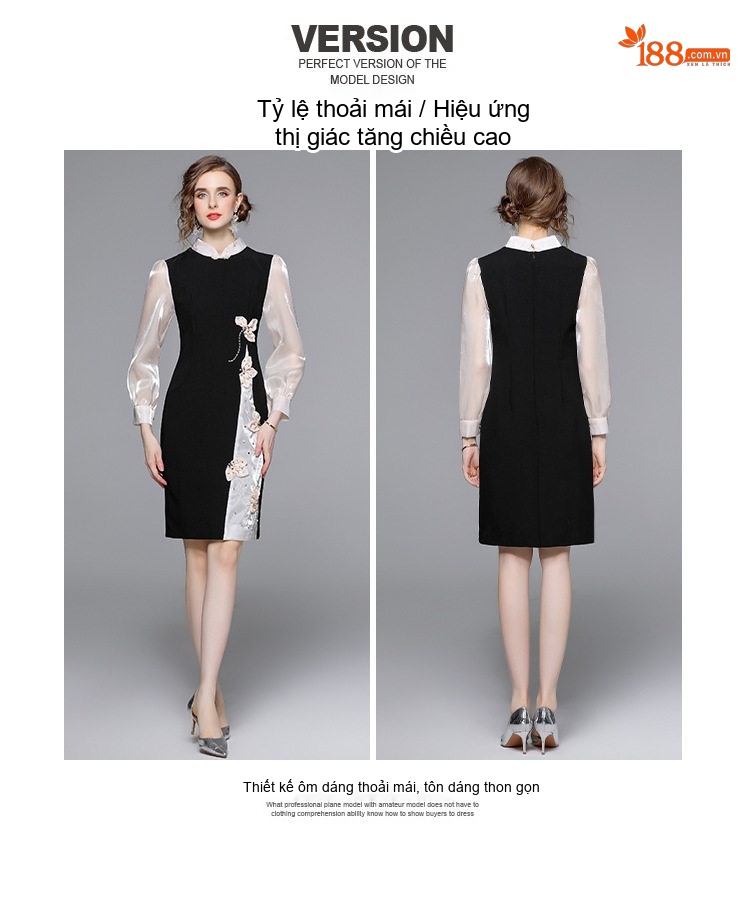 Váy Liền Thân Nữ Cổ Tàu Tay Dài Phối Màu Đính Hoa 3D Eo Ôm Dáng Công Chúa Màu Đen, Trắng chi tiết 4