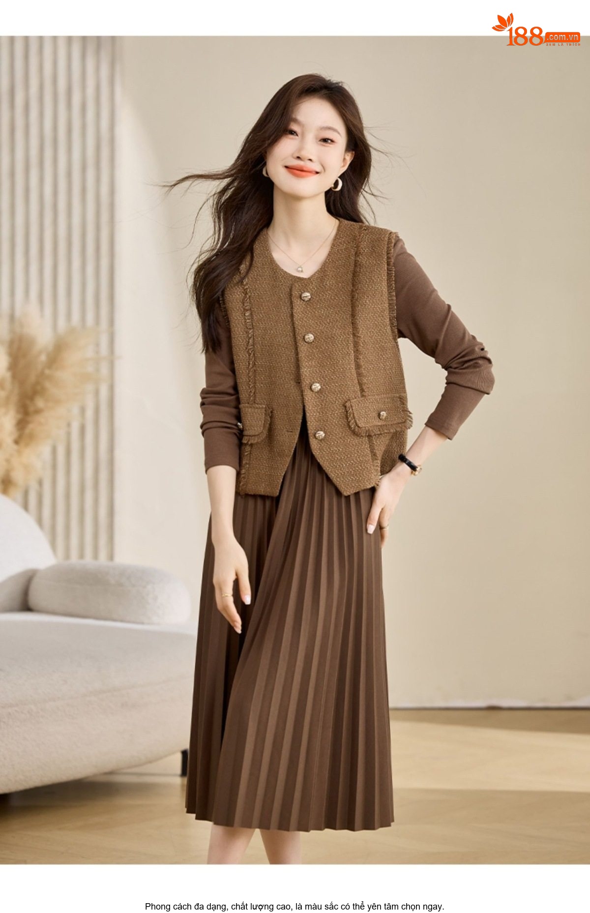 Set Áo Gile và Váy Xòe Dáng Dài Phong Cách Tiểu Thư Màu Nâu, Đen chi tiết 8