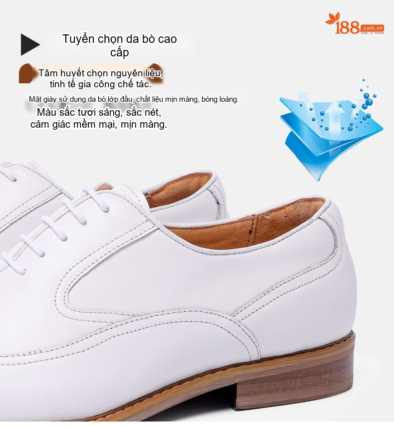 Giày Tây Buộc Dây Nam Da Bóng Chiều Cao Đế Khoảng 3cm Màu Trắng chi tiết 7