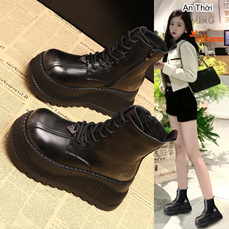 Giày Martin Nữ Đế Dày Chiều Cao Đế Khoảng 8cm Da Bóng Buộc Dây Màu Đen, Nâu