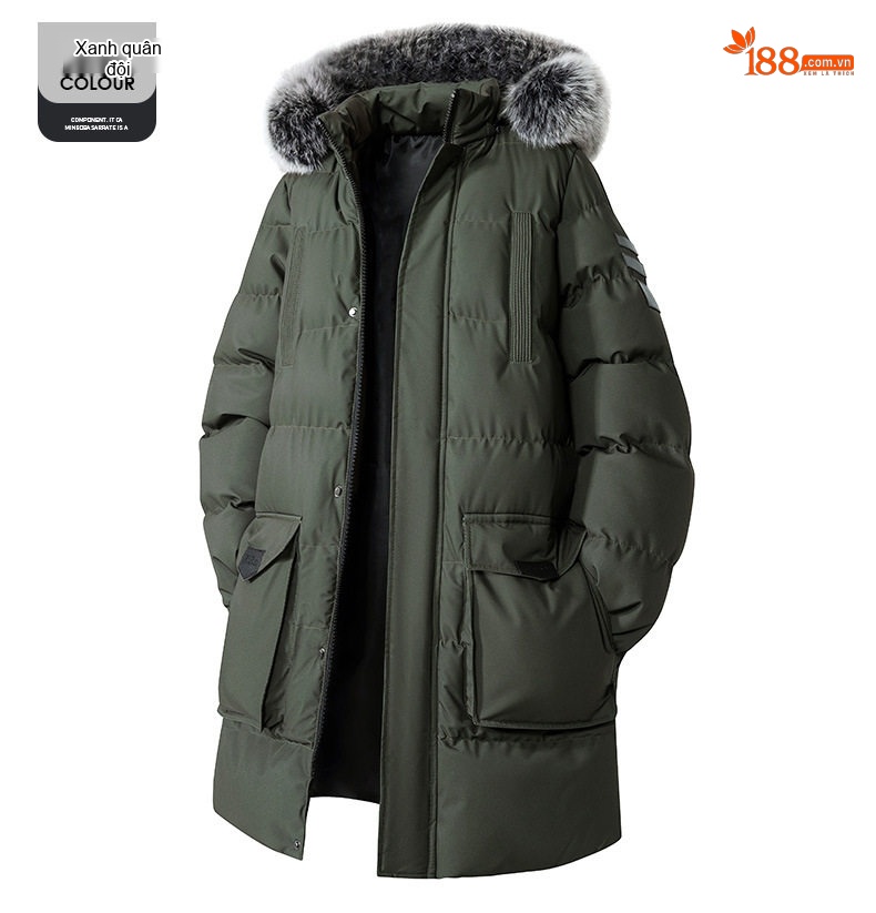 Áo Khoác Cotton Nam Dáng Dài Cỡ Lớn Mũ Trùm Đầu Có Thể Tháo Rời Lót Dày Màu Đen, Xanh Navy, Xanh Rêu chi tiết 15