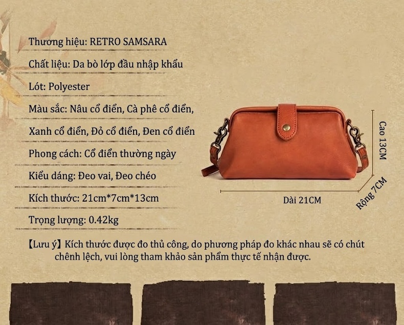 Túi Đeo Chéo Nữ Da Bò Thủ Công Vintage Dáng Nhỏ Màu Nâu, Đỏ chi tiết 4