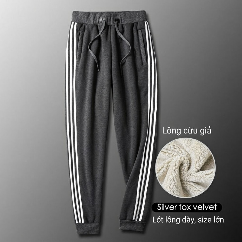 Quần Nỉ Nam Cotton Lông Cừu Non Dày Dặn Lót Lông Giữ Nhiệt Ống Bo Màu Đen, Xám, Be