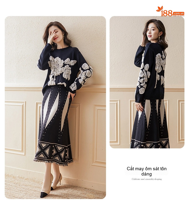 Set Áo Len Nữ Dệt Kim và Chân Váy Midi Họa Tiết Thời Trang Thu Đông Màu Đen chi tiết 3