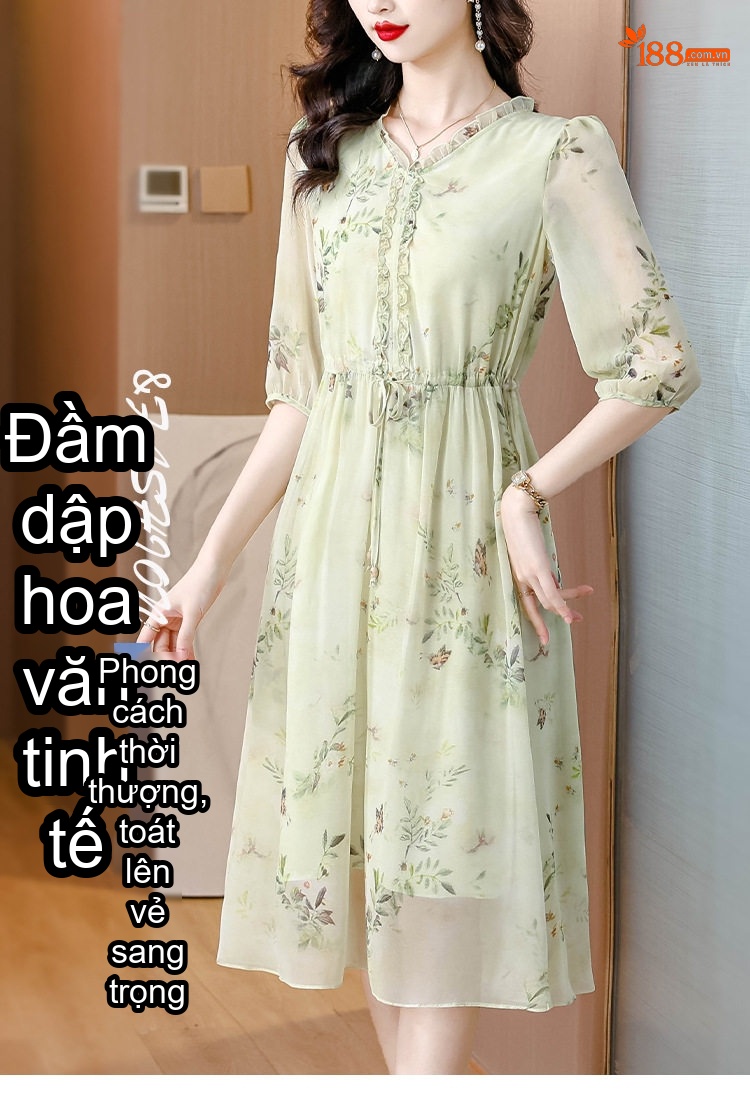 Váy Chữ A Lụa Tơ Tằm Thắt Eo In Hoa Dáng Suông Cho Mẹ Trung Niên chi tiết 1
