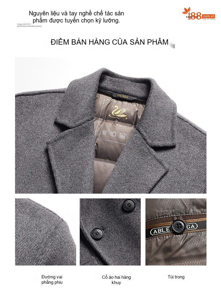 Áo Khoác Dạ Nam Dáng Dài Lót Lông Vũ Tháo Rời Cổ chữ Vest Phong Cách Doanh Nhân Màu Đen, Xám chi tiết 4