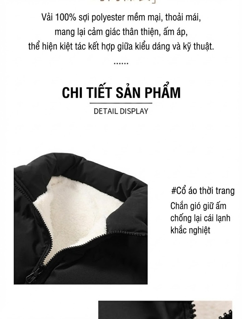 Áo Khoác Phao Nam Lông Cừu Non Dày Dặn Cổ Trụ Thời Trang Thu Đông Màu Xám, Trắng, Đen chi tiết 2