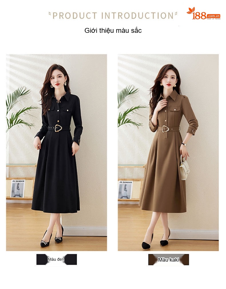 Váy Suông Dáng Dài Nữ Cổ Sơ Mi Phong Cách Hàn Quốc Thanh Lịch Màu Đen, Nâu chi tiết 7